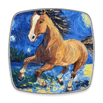 Cheval Chevaux Cavalier Style Van Gogh Nuit étoilée - Magnet carré - blanc - Devant
