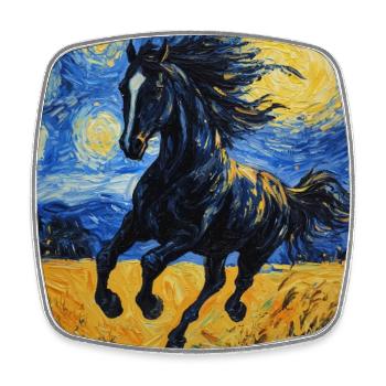 Cheval Chevaux Cavalier Style Van Gogh Nuit étoilée - Magnet carré - blanc - Devant