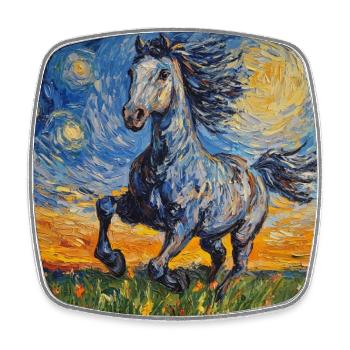 Cheval Chevaux Cavalier Style Van Gogh Nuit étoilée - Magnet carré - blanc - Devant