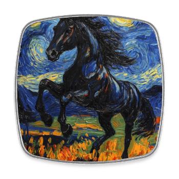 Cheval Chevaux Cavalier Style Van Gogh Nuit étoilée - Magnet carré - blanc - Devant
