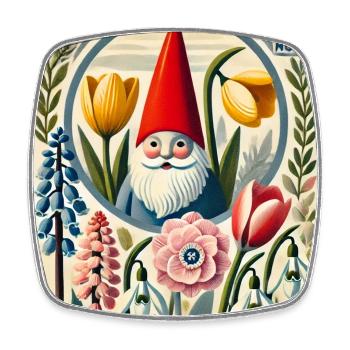 Nain de jardin fantaisiste avec des fleurs printanières - Magnet carré - blanc - Devant