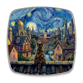 Tabby Cat Starry Night Village Art - Square fridge magnet - white - Front