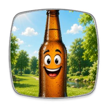 Bouteille de bière riante dans le parc - Magnet carré - blanc - Devant