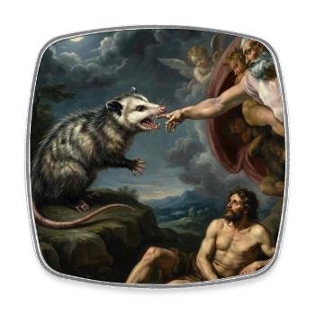 Opossum Beats God's Hand Funny Opossum Meme - Square fridge magnet - white - Front
