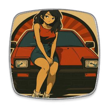 Retro Drive Girl Japan JDM Auto Rennen - Viereckiger Kühlschrankmagnet - Weiß - Vorne