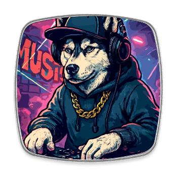 DJ Husky: Club Hund mit Hoodie & Graffiti - Viereckiger Kühlschrankmagnet - Weiß - Vorne