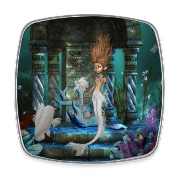 Cute little mermaid with fantasy fish - Square fridge magnet - white - Front