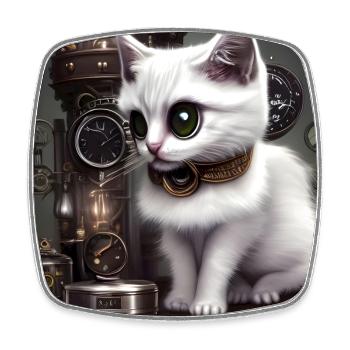 Kleine Steampunk-Katze - Viereckiger Kühlschrankmagnet - Weiß - Vorne