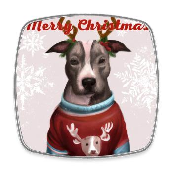Portrait de Pitbull dans un pull de renne de Noël. - Magnet carré - blanc - Devant