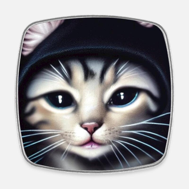 Black hooded kitten - Square fridge magnet - white