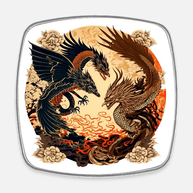 Ukiyo- e Phoenix et Dragon - Magnet carré - blanc
