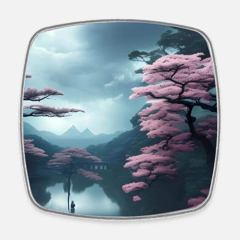 Pink trees by the water - Square fridge magnet - white