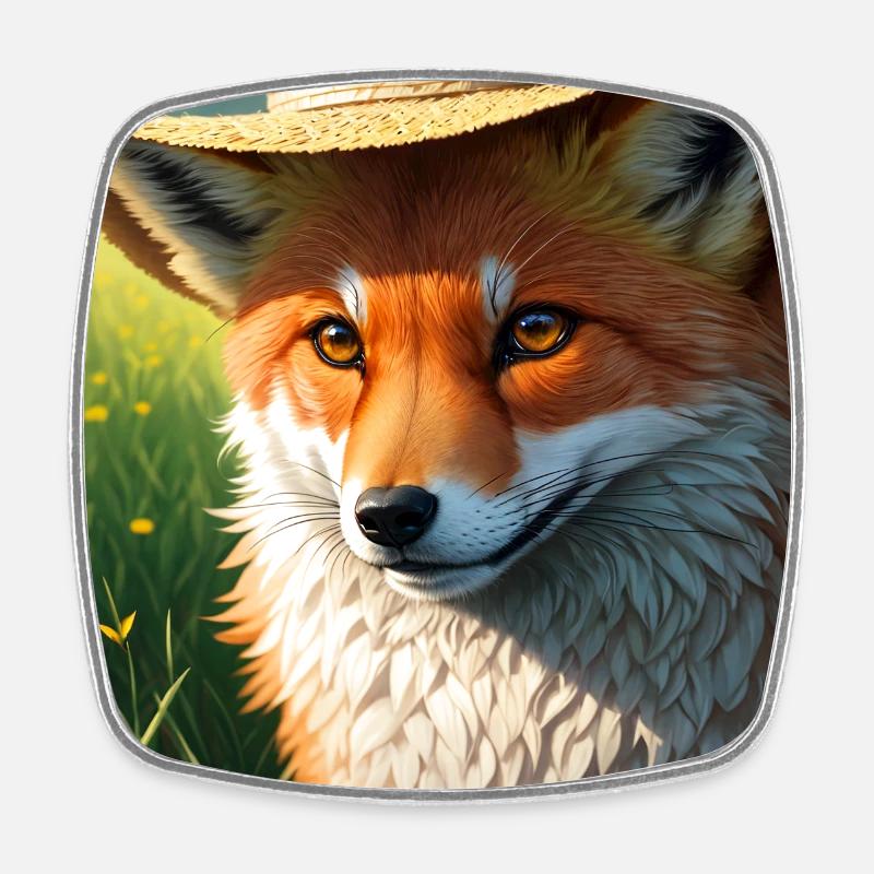 Red Foxes Art with Straw Hat Cute Red Fox Lover - Square fridge magnet - white