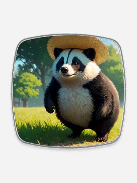 Cute Badger Artwork with Straw Hat Badgers Meadow - Square fridge magnet - white