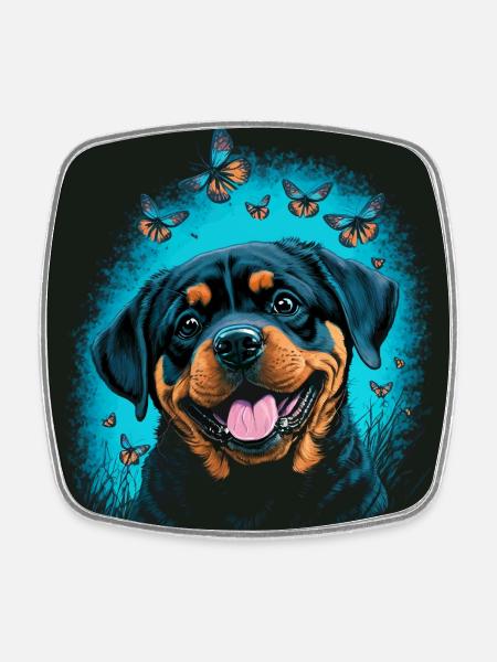 Rottweiler puppy and butterflies - Square fridge magnet - white