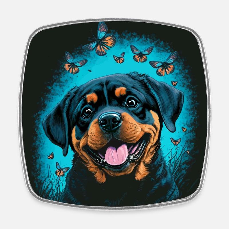 Chiot et papillons Rottweiler - Magnet carré - blanc