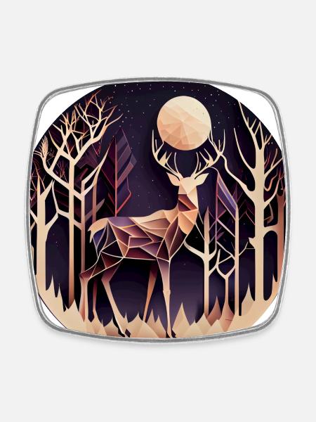 Cerf avec lune dans la forêt avec des arbres - Papercut - Magnet carré - blanc
