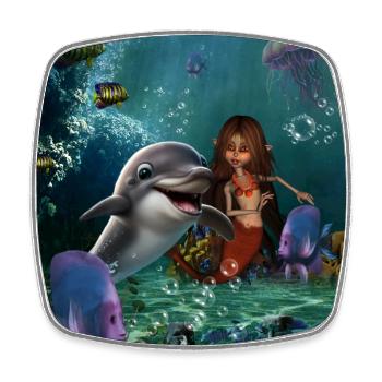 Sirène mignonne et dauphin drôle - Magnet carré - blanc - Devant