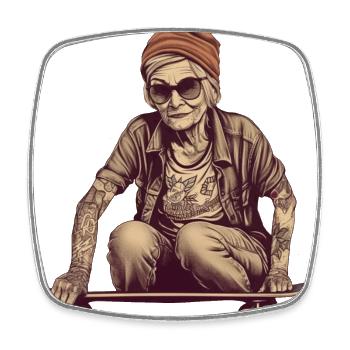 Coole tätowierte Best Ager Frau mit Skateboard - Viereckiger Kühlschrankmagnet - Weiß - Vorne