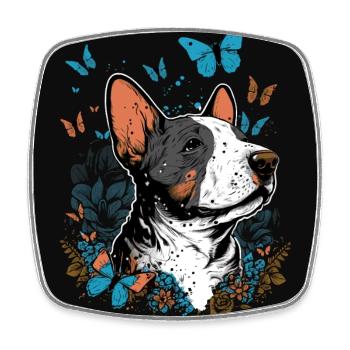 Cheerful bull terrier with butterflies - Square fridge magnet - white - Front