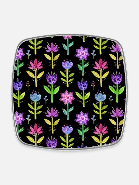 Blumen pattern, scwarzer Hintergrund - Viereckiger Kühlschrankmagnet - Weiß