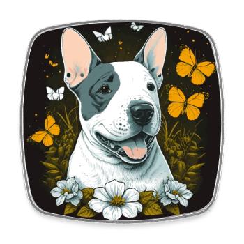 Cheerful bull terrier with flowers - Square fridge magnet - white - Front
