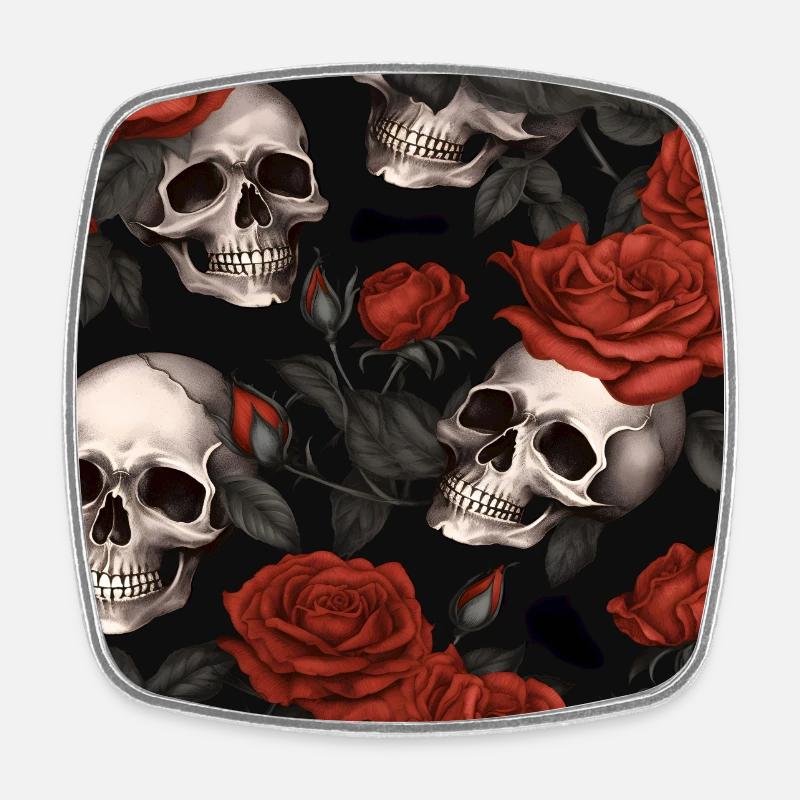 Elegant Gothic Skulls & Red Roses Pattern Dark - Square fridge magnet - white