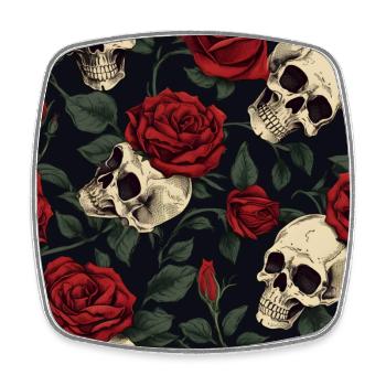 Skulls & Red Roses Dark Elegant Gothic Pattern - Square fridge magnet - white - Front
