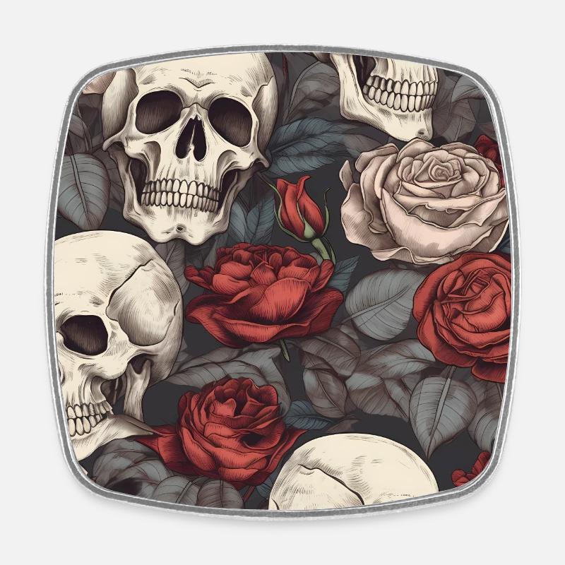 Skulls & Red Roses Pattern Dark Elegant Goth - Square fridge magnet - white