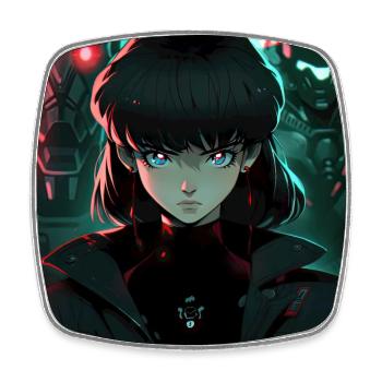 Dystopian Damsel: Anime-Style Woman in Black - Square fridge magnet - white - Front