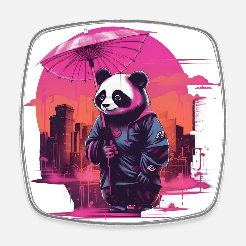 Synthwave Cute Asian Panda with umbrella - Square fridge magnet - white