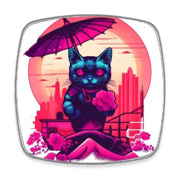 Synthwave japan Cat with umbrella - Viereckiger Kühlschrankmagnet - Weiß - Vorne