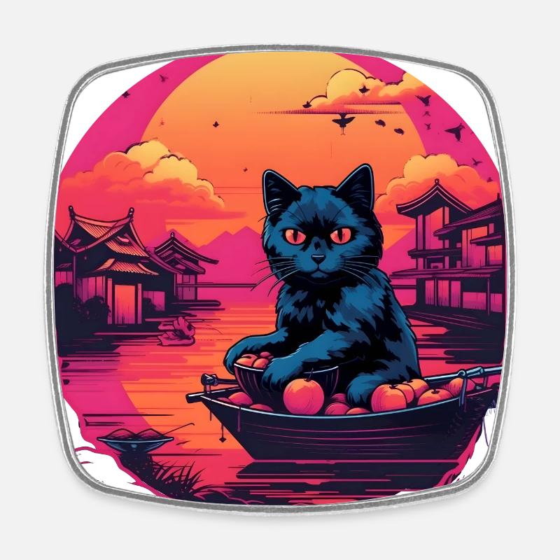 Synthwave black Cat - Square fridge magnet - white