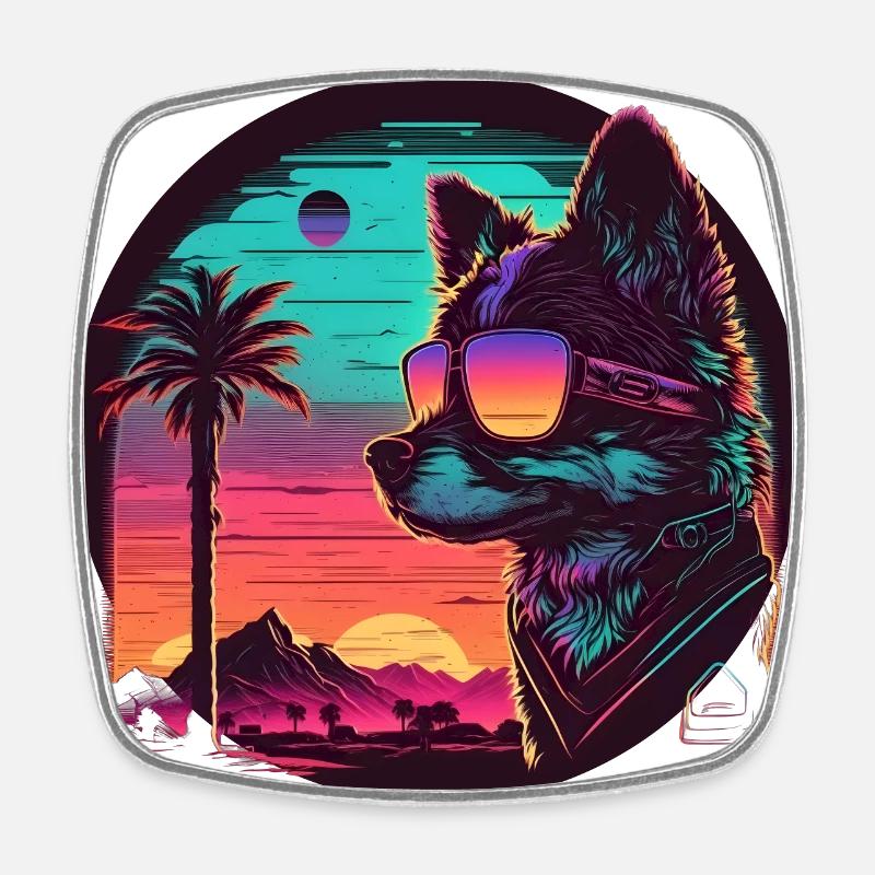 Synthwave dog sunset - Square fridge magnet - white