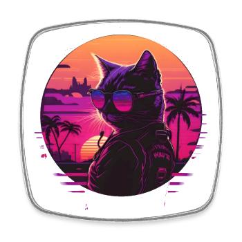 Synthwave cat sunset - Square fridge magnet - white - Front