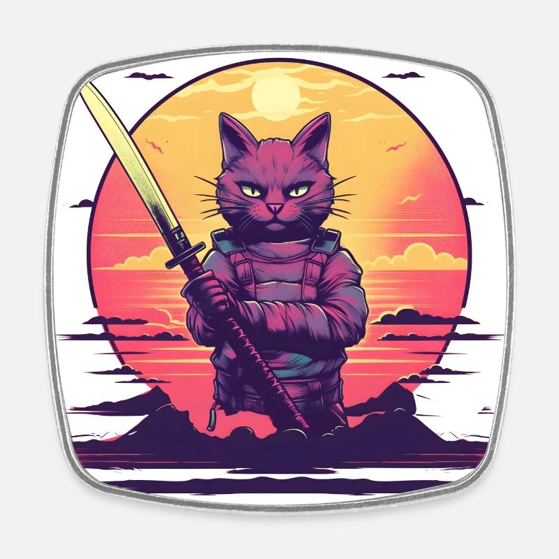 Synthwave samurai Cat sunset - Viereckiger Kühlschrankmagnet - Weiß
