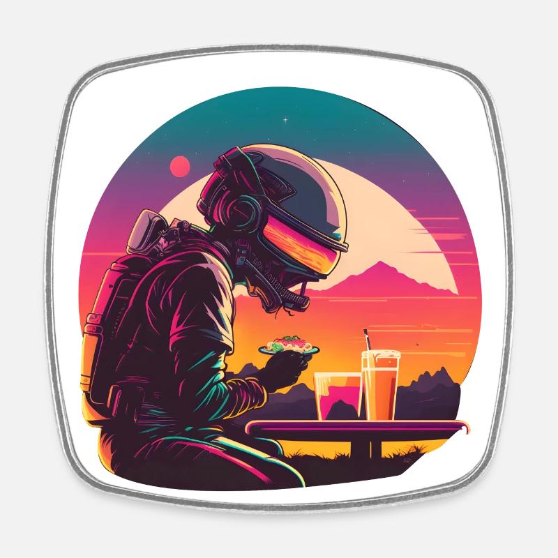 Synthwave astronaut Space dinner - Viereckiger Kühlschrankmagnet - Weiß
