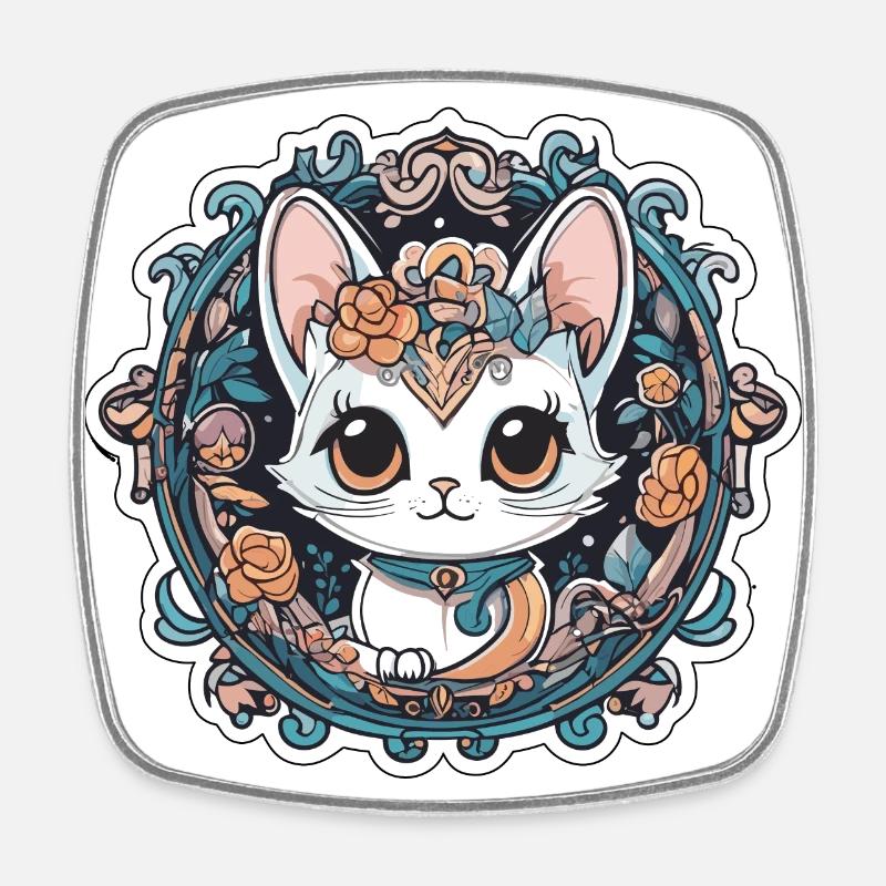 Sweet Cat with Roses - Square fridge magnet - white
