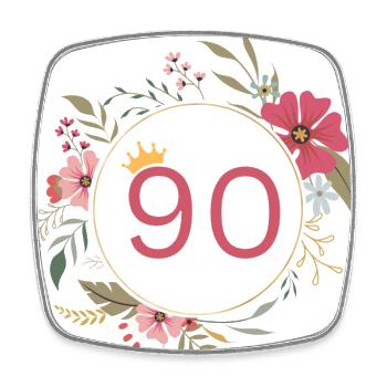 Zahl 90, Niedlicher Blumenkranz - Viereckiger Kühlschrankmagnet - Weiß - Vorne