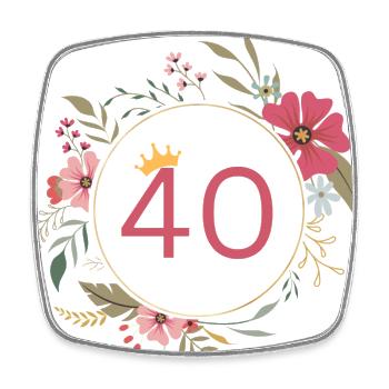 Zahl 40, Niedlicher Blumenkranz - Viereckiger Kühlschrankmagnet - Weiß - Vorne