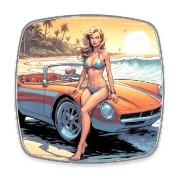 Mädchen mit Auto und Traumnatur 3 - Viereckiger Kühlschrankmagnet - Weiß - Vorne