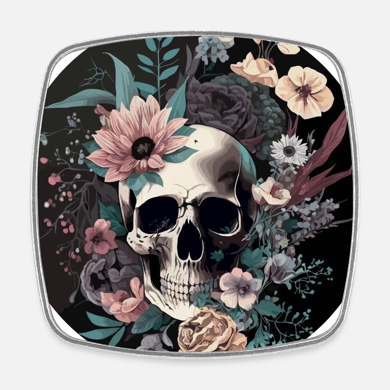 Human Skull & Flowers 35 - Square fridge magnet - white