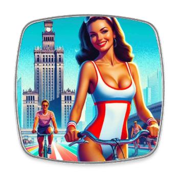 Warsaw - retro girl cycling 80s classic style - Square fridge magnet - white - Front