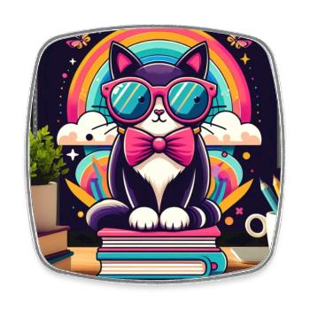 Fleißige Katze mit Brille - Viereckiger Kühlschrankmagnet - Weiß - Vorne