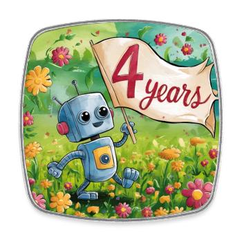 4 ans petit robot mignon dans la prairie fleurie - Magnet carré - blanc - Devant