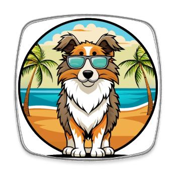 English Shepherd Dog Breed Cartoon Sunglass Beach - Square fridge magnet - white - Front