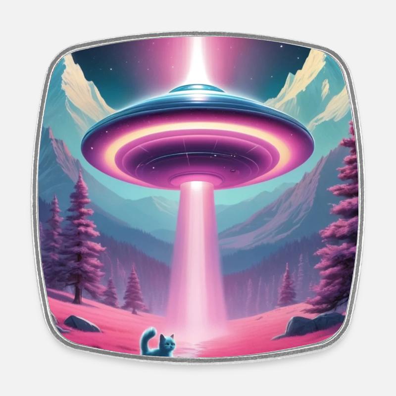 Ufo mit Kätzchen - Viereckiger Kühlschrankmagnet - Weiß
