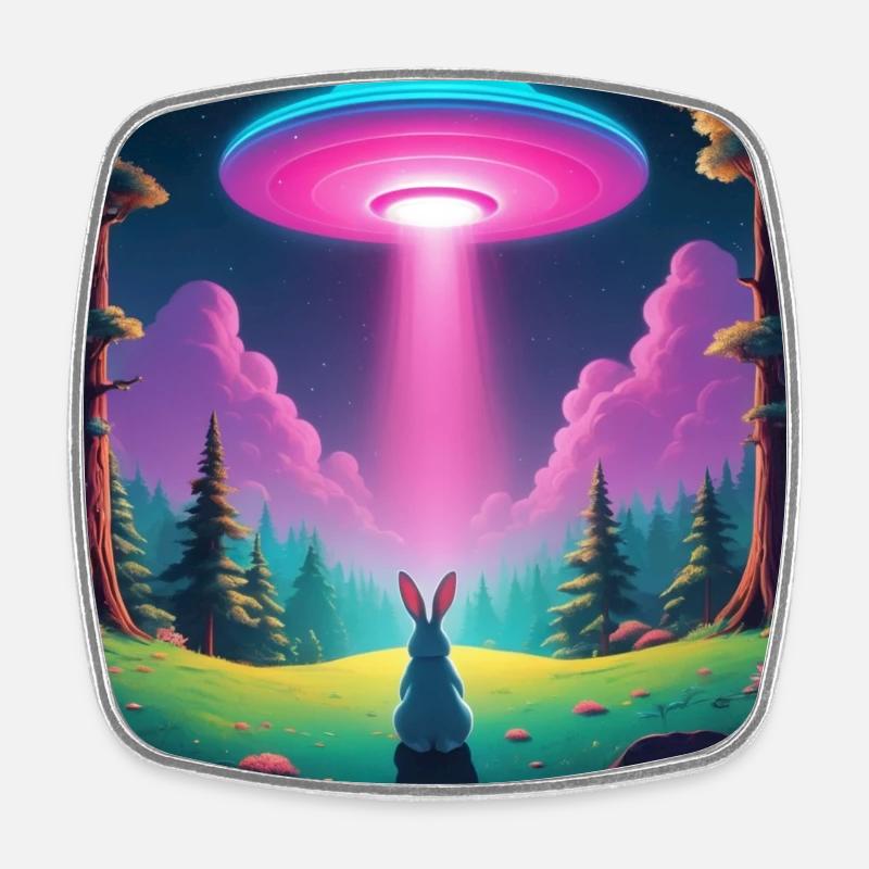 UFO with rabbit - Square fridge magnet - white