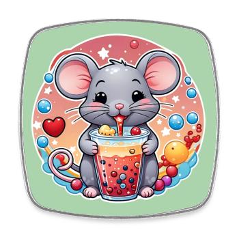 Kleine Süße Maus mit Erfrischung und Strohhalm - Viereckiger Kühlschrankmagnet - Weiß - Vorne