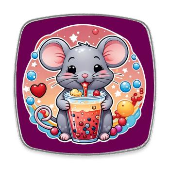 Kleine Süße Maus mit Erfrischung und Strohhalm - Viereckiger Kühlschrankmagnet - Weiß - Vorne